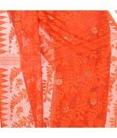 Bengal Handloom Tant Soft Dhakai Jamdani Cotton Saree Whole Body Design (Orange White)